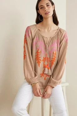 Sale Soft Surroundings Noura Embroidered Gauze Pullover Sesame