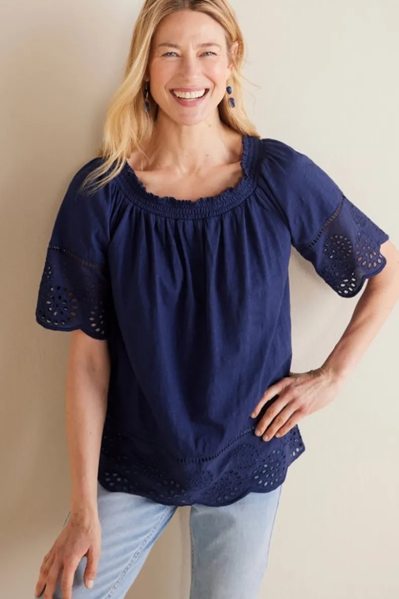 New Soft Surroundings Rahma Eyelet Trimmed Tee Navy