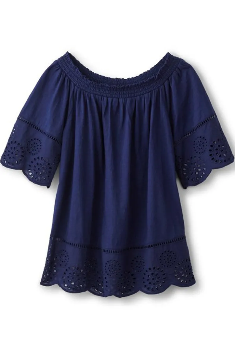 New Soft Surroundings Rahma Eyelet Trimmed Tee Navy