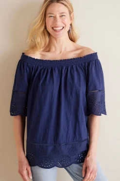 New Soft Surroundings Rahma Eyelet Trimmed Tee Navy