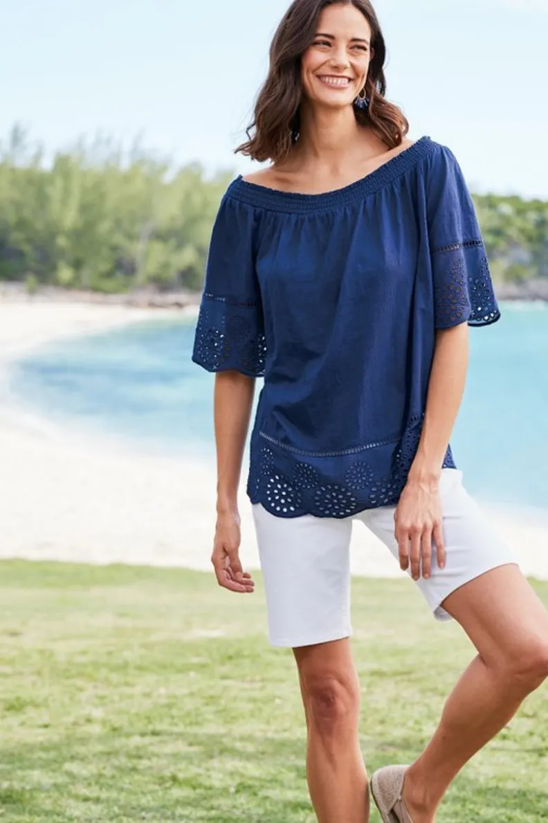 New Soft Surroundings Rahma Eyelet Trimmed Tee Navy