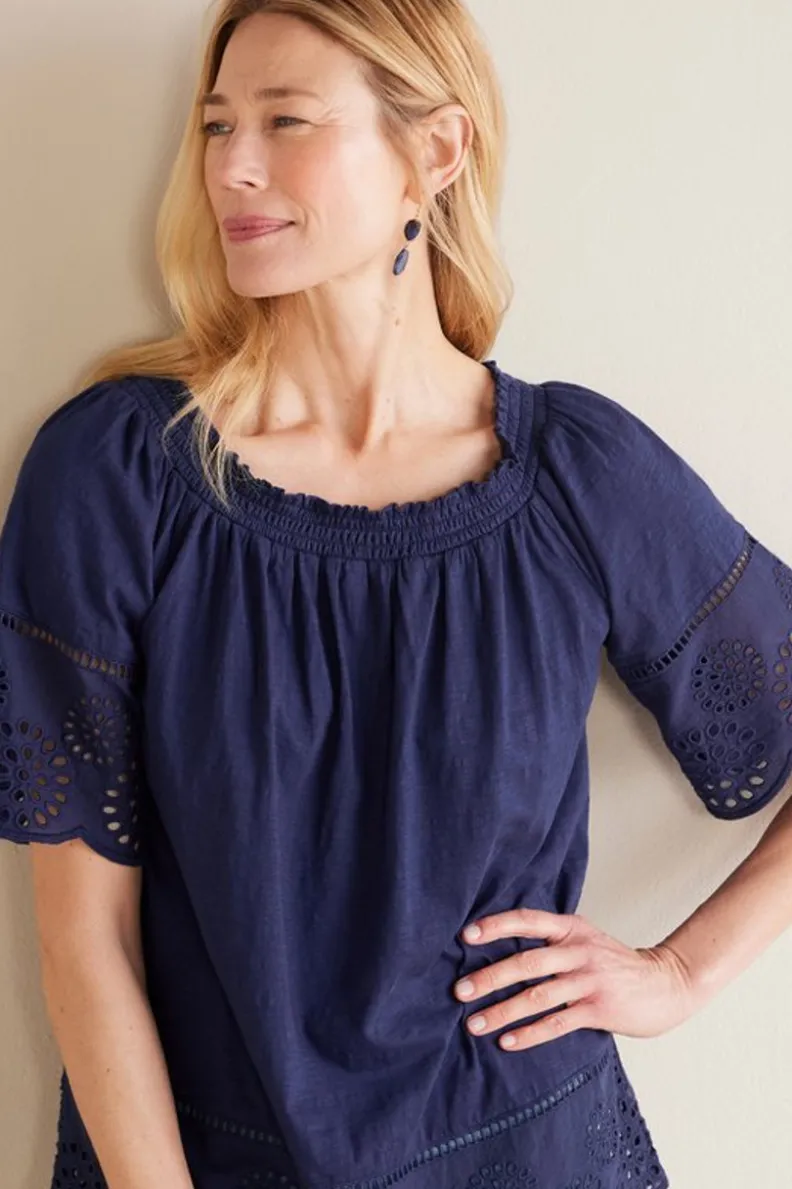 New Soft Surroundings Rahma Eyelet Trimmed Tee Navy