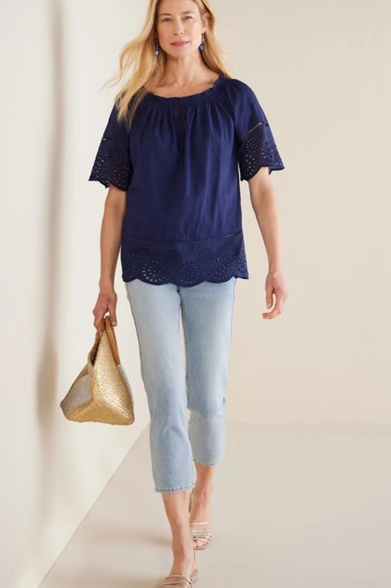 New Soft Surroundings Rahma Eyelet Trimmed Tee Navy