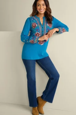 Hot Soft Surroundings Riva Embroidered Knit Gauze Top BlueSapphire