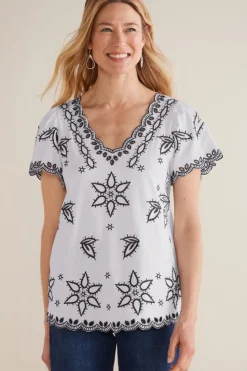 Fashion Soft Surroundings Teres Embroidered Tee IvoryPearl