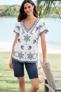 Fashion Soft Surroundings Teres Embroidered Tee IvoryPearl