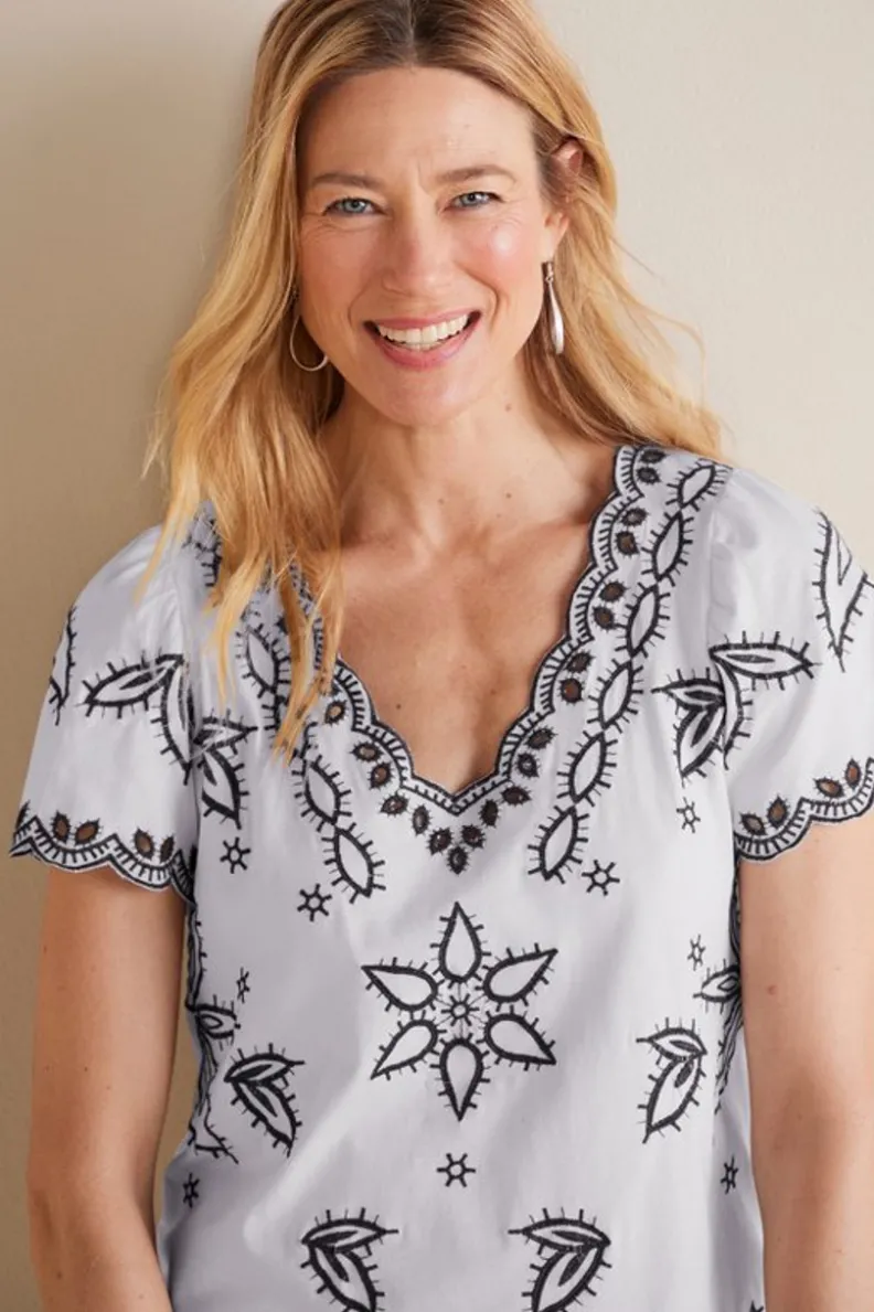 Fashion Soft Surroundings Teres Embroidered Tee IvoryPearl