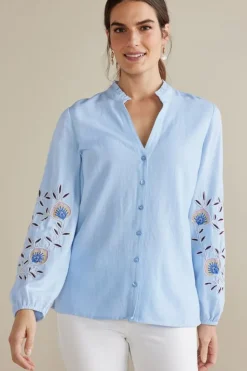 New Soft Surroundings Titania Embroidered Top ChambrayBlue
