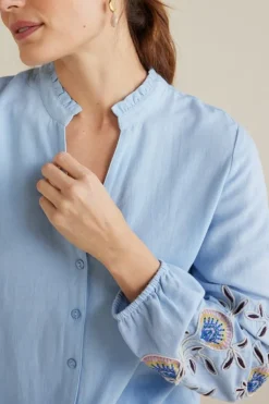 New Soft Surroundings Titania Embroidered Top ChambrayBlue