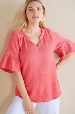 Clearance Soft Surroundings Vinka Gauze Pullover SunkistCoral