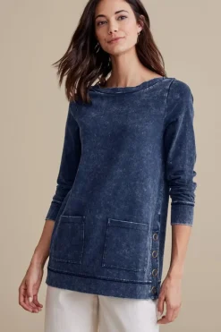 Discount Soft Surroundings Washed Make It Snappy Pullover DenimBlue