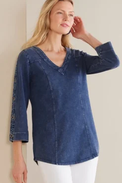Sale Soft Surroundings Wilma Washed Knit Denim Tunic DenimBlue